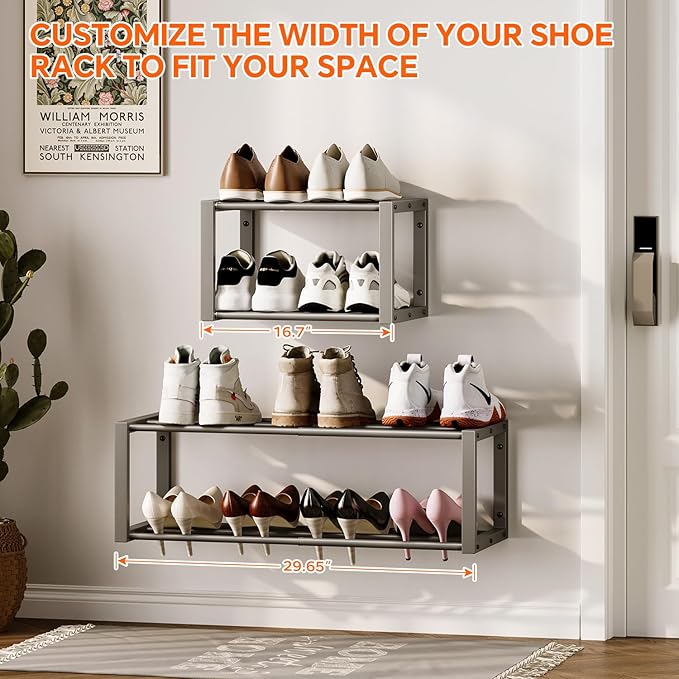 Homeiju Hanging Shoe Organizer,2 Pack Wall Mounted Shoe Rack Holds 12 Pairs,Space Saving Metal Wall Shoe Rack,Hanging Shoe Rack Shoe Holder for Small Space,Entryway,Closet,RV,Camper (Grey)