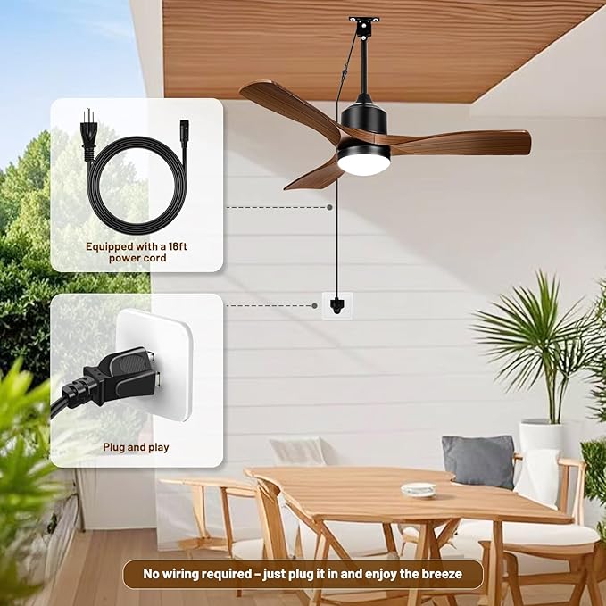 42" Waterproof Outdoor Ceiling Fans with Lights and Remote, Plug In Ceiling Fan for Gazebo and Patio, IP65 Wet Rated Smart Fan, Hanging Fan with Dimmable LED Light and App Control, Brown