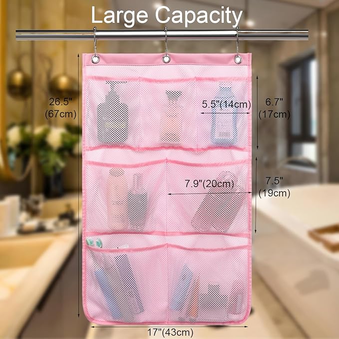 Hanging Mesh Shower Caddy for Bathroom - Quick Drying Portable Shower Organizer with Multiple Pockets for Soap,Shampoo and Cruise Ship Essentials Saving Bathroom Storage,Pink,1 Pack