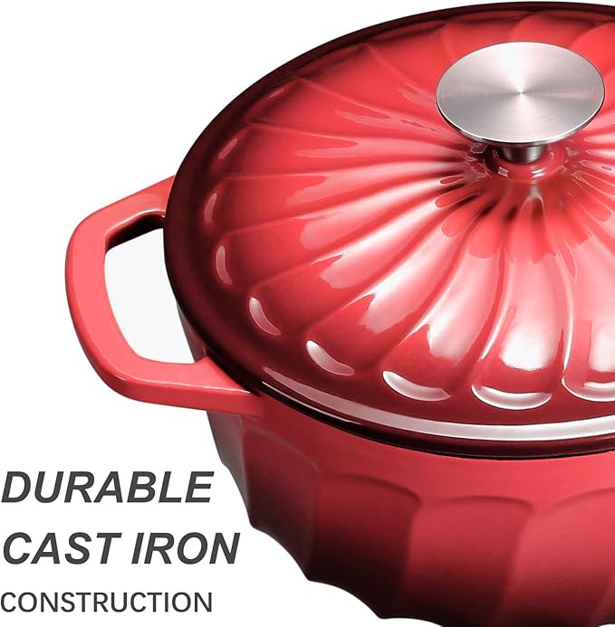Enameled Cast Iron Dutch Oven with Lid, 3 QT Dutch Oven Pot for Bread Baking, Heavy Duty Cast Iron Pot for Braising, Cook, Bake, Oven Safe across All Cooktops (Gradient Red,3 QT)