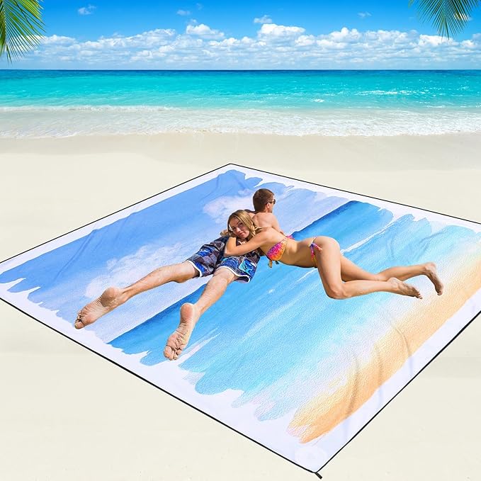Beach Blanket Waterproof Sandproof Beach Mat 79" X 83"/10'x9'for 2-8 Adults Quick Drying Outdoor Picnic Mat Beach Accessories for Travel, Camping, Hiking