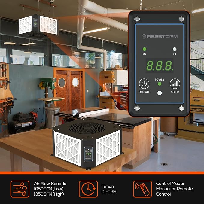 ABESTORM 360 Degree Intake Air Filtration System Woodworking 1350 CFM Hanging Air Filter with Strong Vortex Fan for Wood Workshop, Garage, Shop Dust Collectors, Up to 1700 sq. ft, DecDust 1350