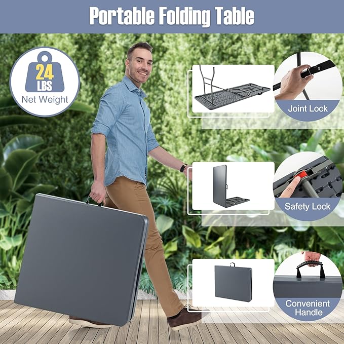 Goplus 6ft Plastic Folding Table, 350 LBS Outdoor Heavy Duty Folding Tables with HDPE Tabletop, Handle, Lock, Foldable Rectangle Portable Utility Card Table for Picnic, Party, Camping, Dining