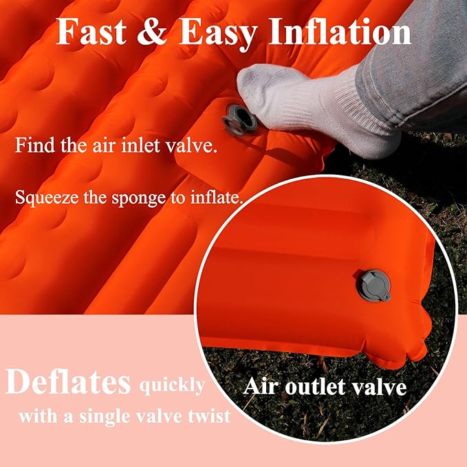 Double Camping Sleeping Pad 2 Percon, Ultralight Camping Mat with Pillow Built-in Foot Pump Inflatable Sleeping Pads Compact for Hiking Traveling Tent