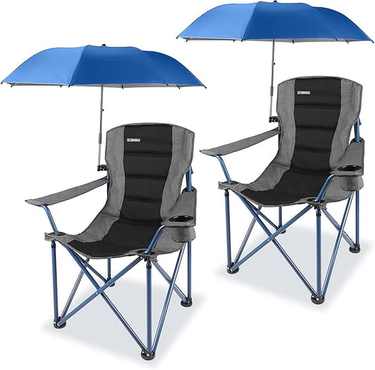 2 Pack Camping Chairs with Adjustable Umbrella-Folding Lawn Chair with American Flag Backrest-Heavy Duty Padded Camping Chair for Beach,Black