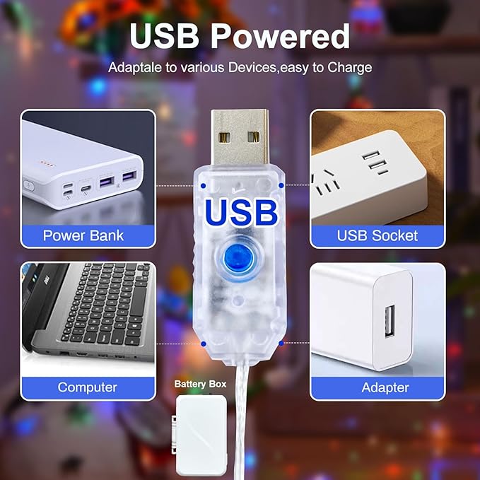 50LED Fairy Lights USB & Battery Powered, 16Ft Mutilcolor Fairy String Lights with 8 Modes & Timer, Cuttable Copper Wire Waterproof Twinkle Light Indoor Outdoor for Bedroom Wedding Christmas Decor