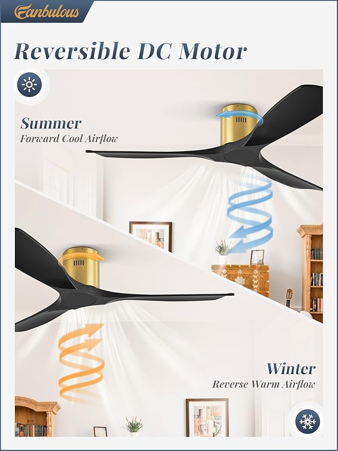 52" Ceiling Fans without Lights, Flush Mount Ceiling Fan with Remote Control Modern,Low Profile Ceiling Fans with 6-Speeds Reversible DC Motor for Patio Living Room Bedroom(Black)