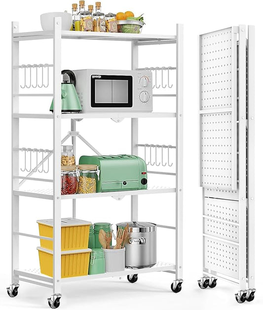 Himix Storage Shelves with 20 Hooks, 4-Tier Foldable Shelves for Storage, Folding Shelf Unit Pantry Shelves with Wheels, Metal Shelving Storage Rack Shelf for Kitchen Garage Home, White - No Assembly
