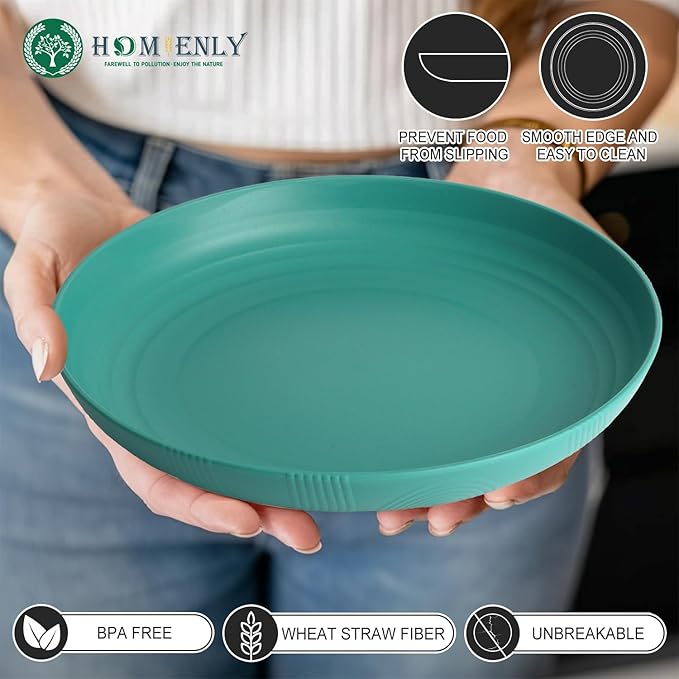 Homienly Wheat Straw Plates Set, Unbreakable Deep Dinner Plates, 9 inch Alternative to Plastic Plates for Kitchen, Kids, Camping, Microwave and Dishwasher Safe Plate for Salad, Dessert - Green