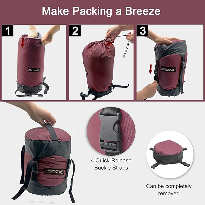 GoldCamp compression stuff sack for Ultralight sleeping bag, space saving gear with dust flap,18L/30L/43L/49L/65L Compression Stuff Sack, Waterproof, Camping, Travel, Outdoor, Backpacking (Red, XXXL)