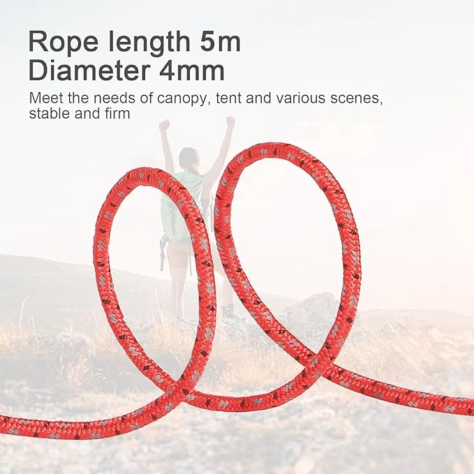 16.4ft 6 Pack 4mm Guy Lines Ultralight Tent Cords with Aluminum Adjuster Tensioner Outdoor Camping Guylines Ropes for Tent Tarp,Climbing,Hiking Backpacking (Red)