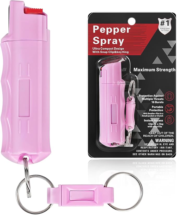 Pepper Spray, Maximum Police Strength, 0.54 fl oz, Quick Release Keychain, Finger Grip, 25 Bursts