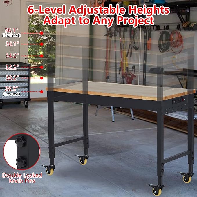 Adjustable Workbench,72" x 25" Heavy-Duty Rubber Wood Shop Table with 28.3-38.1 Inches Height Adjustment,2000 LBS Load Capacity,Garage Workbench with Power Outlets & Lockable Wheels