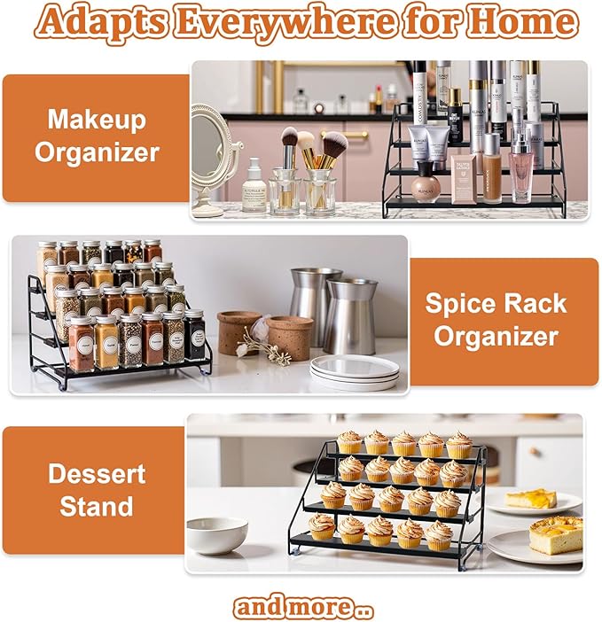 4 Tier Spice Rack Organizer for Cabinet, Step Adjustable Spice Shelf Seasoning Organizer with Non Slip Tiers, Expandable Metal Spice Rack for Kitchen Countertop, Pantry, Cupboard – Black