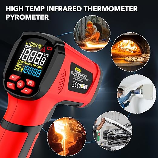 '-40℉~2912℉ MESTEK Infrared Thermometer Temperature Gun,50:1 Dual Laser High Temp Thermometer with Thermocouple Probe, Non-Contact Industrial Pyrometer for Engine, Kiln, Forging,Humidity Measurement