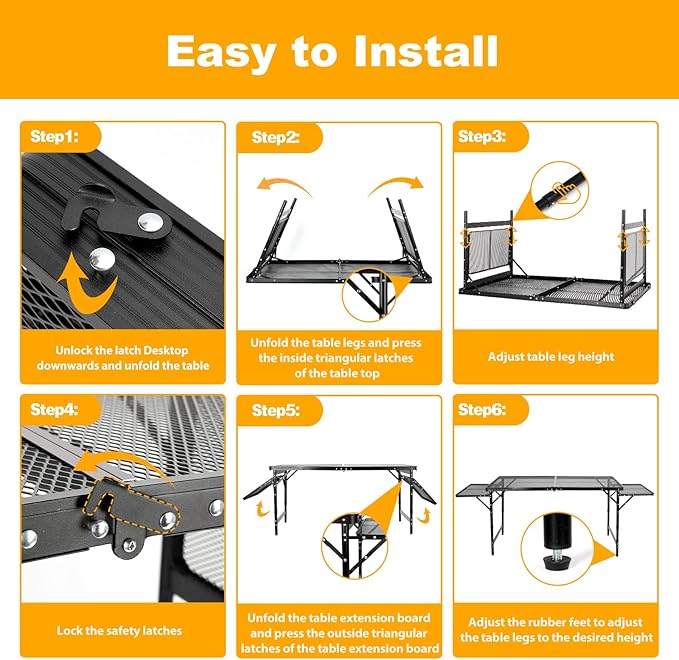 Grill Table Folding Table with 2 Wing Panels 4FT+1.77 FT with with 1×2/5 L Storage Bag Mesh Desktop 3 Height Adjustable Portable Grill for Outdoor Indoor Beach BBQ Picnic Travel RV Black