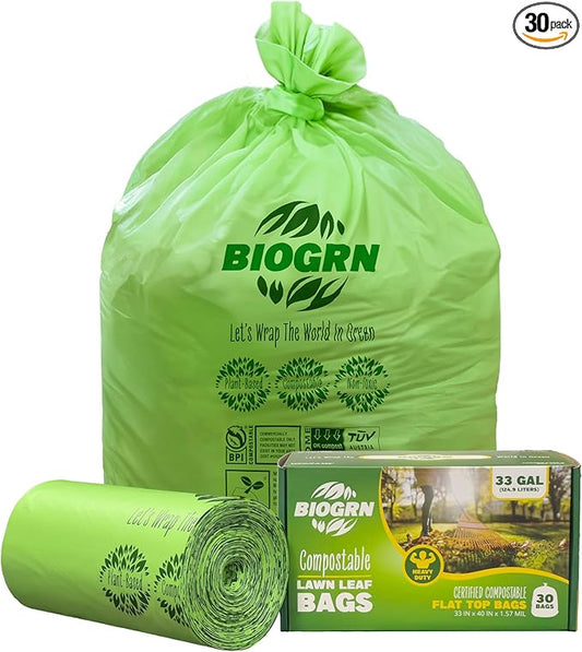 30-33 Gallon Compostable Trash Bags Flat-Top 30 Bags Heavy Duty1.57 Mil, 124.92 Liter Large Lawn and Yard Waste Bag for Outdoor Garden ASTM D6400, US BPI and OK Compost Home Certified