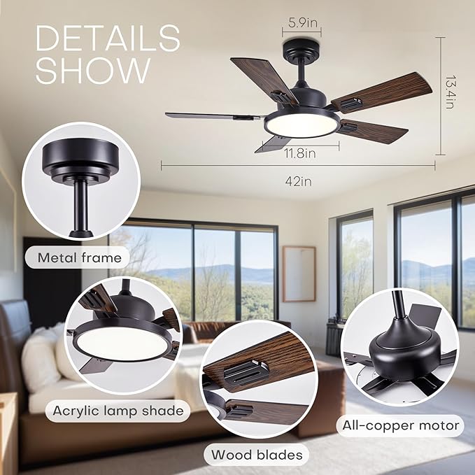 42" Ceiling Fans with Lights Remote Control, Black Ceiling Fan with Dimmable 3CCT LED Light, 6 Speeds Quiet Reversible Wood Ceiling Fan Light for Bedroom, Farmhouse, Garage, Office, Indoor Use