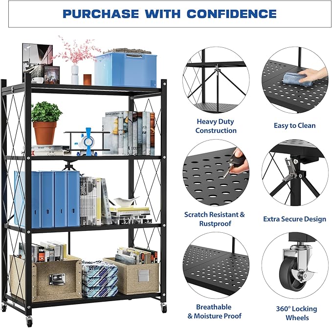 4-Tier Foldable Storage Shelf with Wheels - Metal Rack Collapsible Shelving Unit Display, Rolling Cart for Books Kitchen Storage Shelves, Pantry & Closet Organizer, Office Room Decor