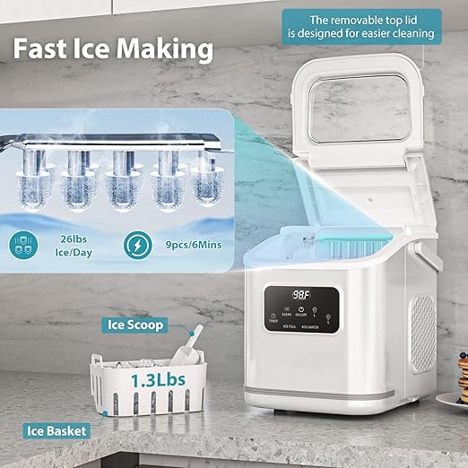 Ice Maker Machine countertop Self Cleaning Portable Compact Small Bullet Ice Maker with Digital Screen,9 Cubes in 6 Mins,26lbs in 24Hrs,for Camping Dorm Home Outdoor（White）