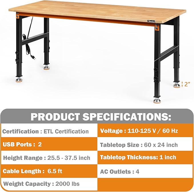 Adjustable Height Workbench, 60" Rubber Wood Top Heavy Duty Workstation with Power Outlets, 2000 LBS Load Capacity Hardwood Worktable for Workshop, Garage, Office, Home, Commercial