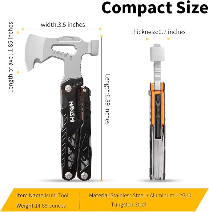 HANSHI Camping Axe Multitool with YG10 Tungsten Steel Replaceable Wire Cutters for Gift,17 in 1 Multi Tool with Spring-Action Pliers,Knife,Screwdriver,Flint Rob,Safty Whistle with Nylon Sheath (Black)