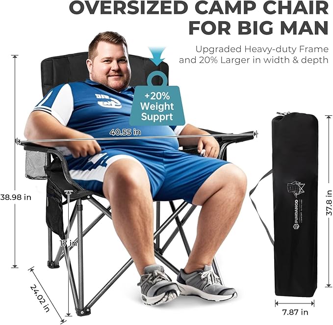 FUNDANGO Oversized Camping Chair for Adults, Heavy Duty Foldable Portable Lawn Chair with Padded Seat & Back, 4-can Cooler & Cup Holder, Carry Bag Included for Outdoor (Black/Grey)