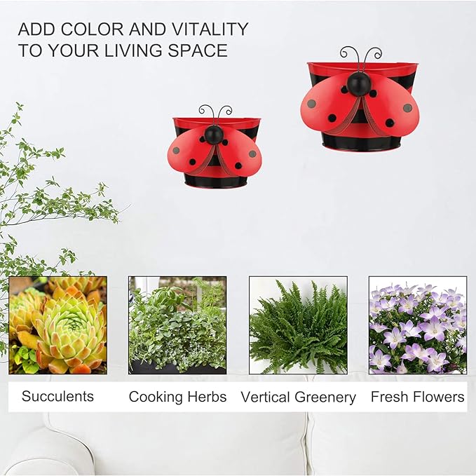 BAYN Set of 2 Ladybug Wall Hanging Planter Decor Art, Metal Wall Mounted Planters Garden Yard Decorative Flower Pot Indoor Outdoor Wall Planter Succulent Plant Container