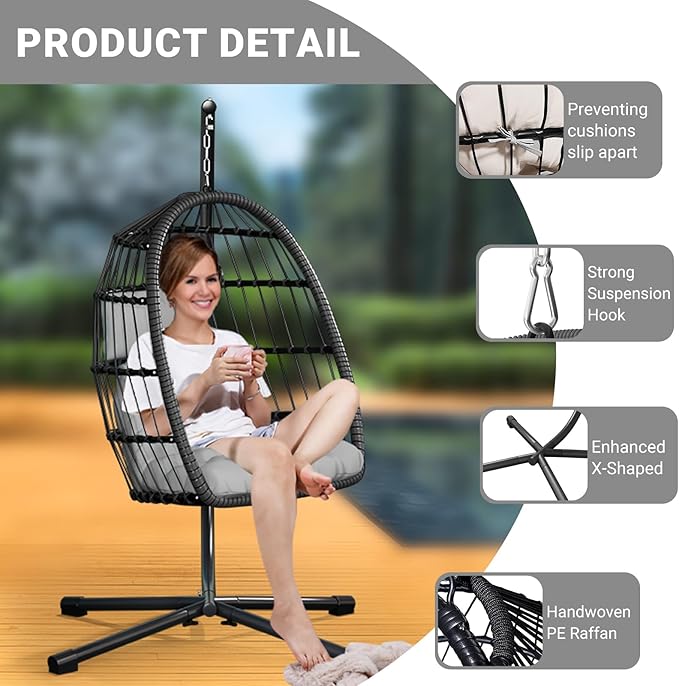Egg Chair with Stand,Patio Rattan Wicker Hanging Swing Egg Chair Hammock Chair for Bedroom Porch Garden,Thickened Aluminum Alloy Steel Frame and UV Resistant Cushion,350LBS Capacity
