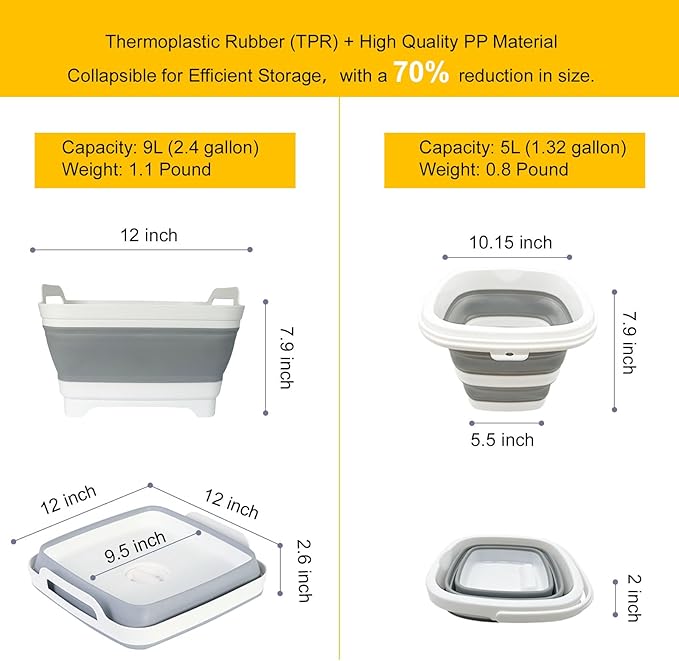 Collapsible Basin Bucket (9L+5L)-Collapsible Dish Tub Portable Sink-Foldable Sink Tub for Cleaning Foldable Portable Plastic (Grey+5L Grey)