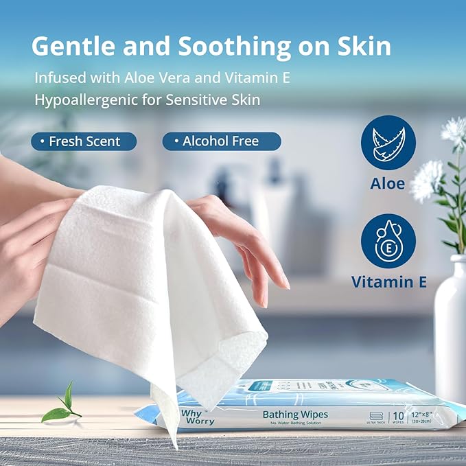 WhyWorry Ultra Thick Bathing Wipes for Adults Rinse Free, Large Body Cleansing Wipes with Aloe for Women, Men & Elderly, 8" x 12" Disposable Shower Washcloths for Gym & Camping, Fresh Scent, 100 Count