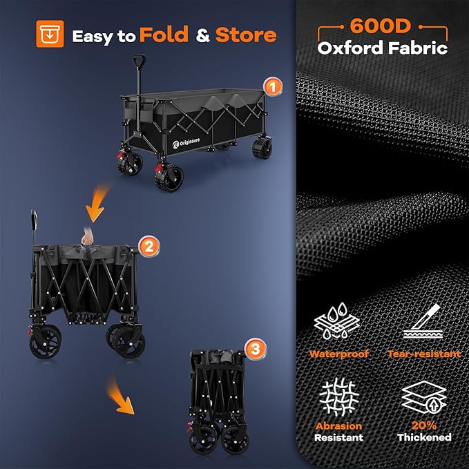 48" L Collapsible Wagon Cart Foldable, 560LB Weight Capacity 300L Heavy Duty Folding Beach Wagons with Big All-Terrain Wheels, Utility Carts for Groceries, Shopping, Camping, Sports - Grey&Black