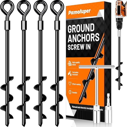 Ground Anchors Screw in, Heavy Duty Tent Stakes Trampoline Anchors 4Pack, Ground Anchors for Camping Tent, Canopies, Carports, Canopy, Sheds, Swing Sets,14in Ground Anchors for High Winds