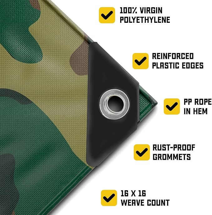 Core Tarps Extreme Heavy Duty 20 Mil Tarp Cover, Waterproof, UV Resistant, Rip and Tear Proof, Poly Tarpaulin with Reinforced Edges for Roof, Camping, Patio, Pool, Boat (Camouflage/Green 20′ X 35′)