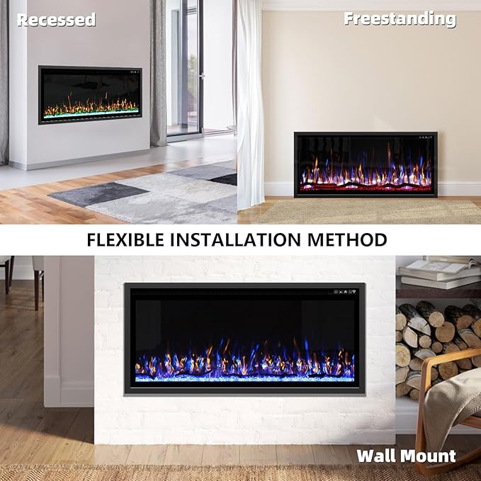 BREEZEHEAT 42 Inch Electric Fireplace-Recessed & Wall Mounted Linear Fireplace-750/1500W Heater w/Temperature Control, Log & Crystal Options, Adjustable Flame, Remote Control