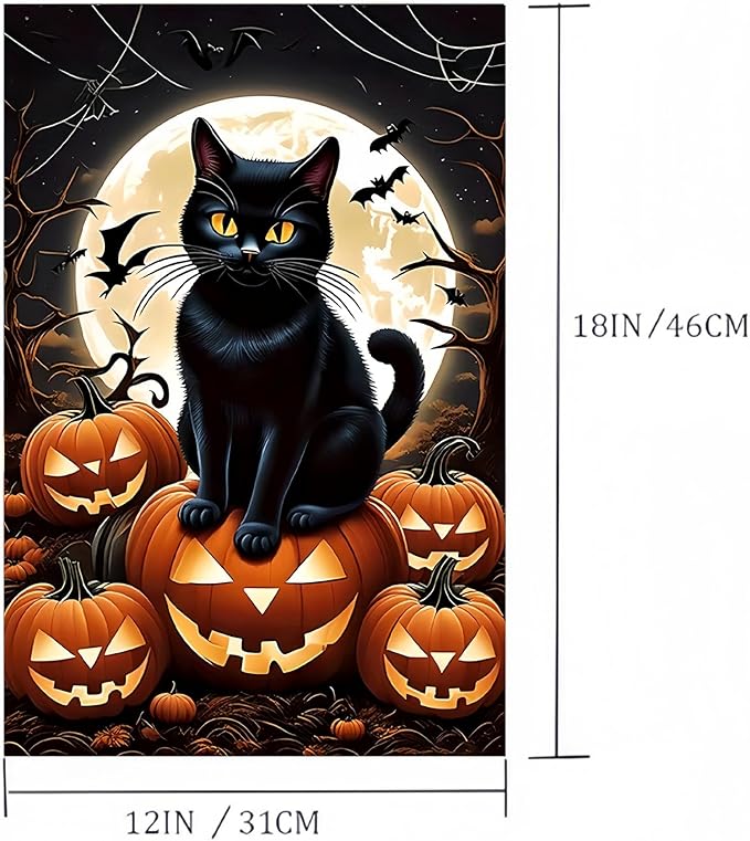 Halloween Garden Flag 12X18Inch Double Side, Jack O Lantern Yard flag, Cat Outside Small Garden Flag Decorative, Outdoor Flag for Holiday Patio Courtyard Lawn