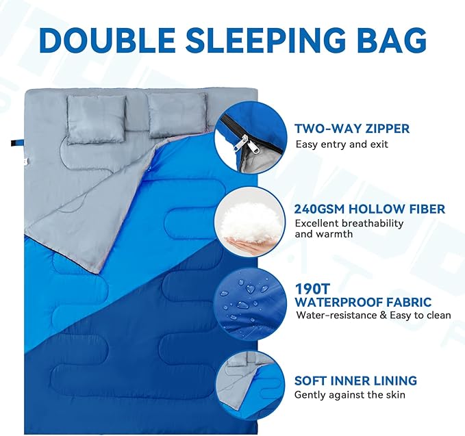 Double Sleeping Bag for Adults Kids - Lightweight 2 Person Sleeping Bag with Pillow, Queen Size Waterproof Camping Sack Two Person for Girls, Boys, Youths, Teens, Compact for Cold Weather & Warm