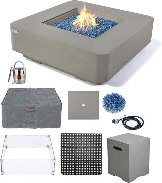 Elementi+ | Bundle Lucerne Gas Fire Pit Cast Concrete 42" Square Fire Table, Outdoor Fire Pit Electronic Ignition | Canvas Cover, Fire Glass and Burner Lid Included | Light Gray | Propane Gas