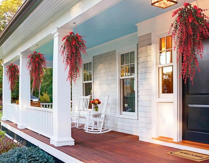 Hanging Artificial Plants Fake Vine Hanging Eucalyptus Leaf Plant Artificial UV Resistant Hanging Green Plant Faux Plants Hanging Wall Decor Outdoor Front Door Yard Garden Porch Decorations(Red)