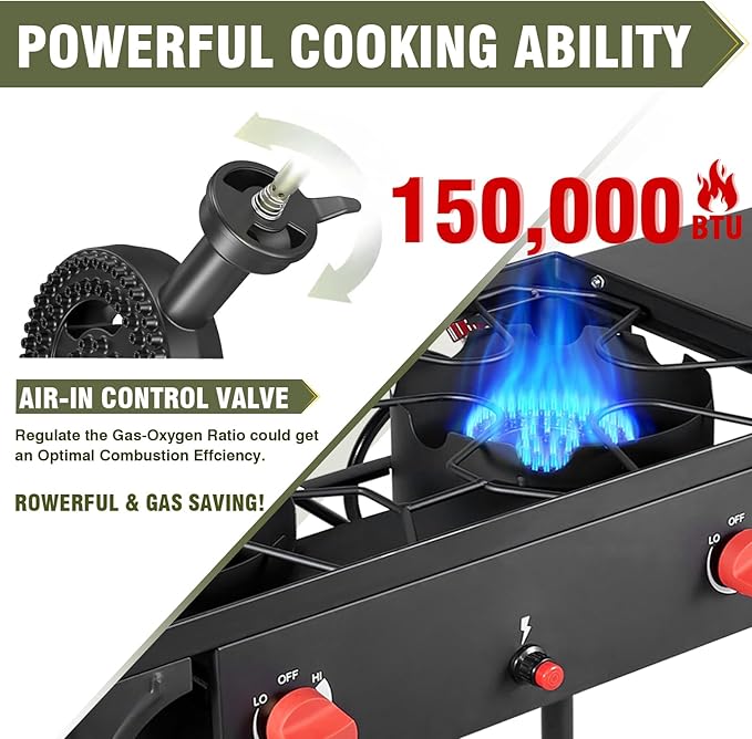 Bestfire 2 burner Camping Stove with Auto Ignition Button,Side Shelves & Regulator150,000 BTU Gas Stove Propane Burner With Removable Legs for Outdoor BBQ&Backyard Cooking Camping Home