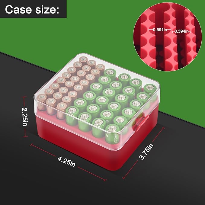 ALCYON Battery Organizer Storage Case, Battery Vault Box Container for 48pcs AA AAA Batteries, Plastic Clear Protective Battery Holder for Travelling/Home/Office (Red, Medium)