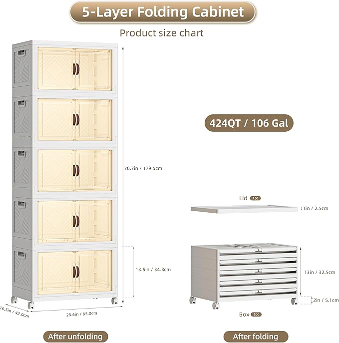 424 QT / 106 Gal Magnetic Door Storage Bins Collapsible Stackable w/1 Lid, Heavy Duty Plastic Cabinet with Wheels for Home Office Organization (White)