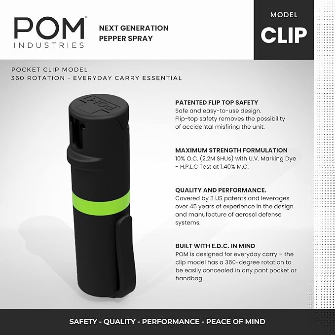 POM Pepper Spray Pocket Clip, Quick Flip Top Safety, Maximum Strength OC Formula with UV Marking Dye, Safe Compact and Tactical Design for Everyday Carry, 25 Bursts, 10 ft Range, 0.5 fl oz