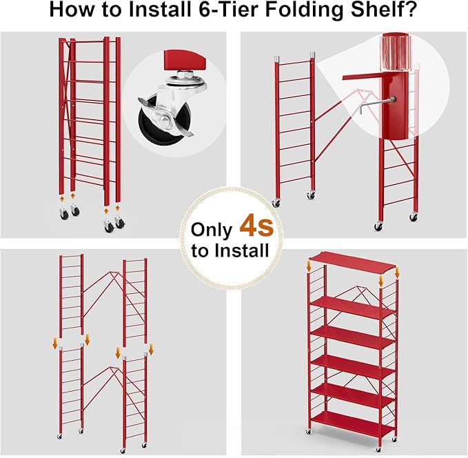 Himix 6 Tier Foldable Storage Shelves, Expandable Folding Bookshelf with Wheels, Changeable into 2 Shelf Units, Collapsible Adjustable Storage Rack Metal Shelves for Garage Kitchen, Basement, Red