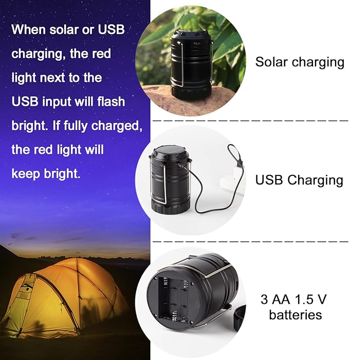 Solar USB Rechargeable COB LED 3 AA Power Camping Lantern with Magnetic Base, Charging for Android, Waterproof Collapsible Emergency LED Light(2 Pack)