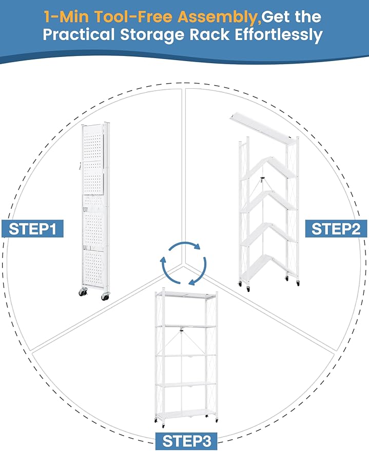 ALANNG 70.7" H Metal Storage Shelves, 5 Tier Folding Shelf on Wheels, Heavy Duty, No Assembly, Rolling, Collapsible Rack Unit for Kitchen, Basement, Pantry (White,1 Pack)