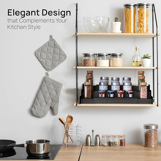 Ibyx Premium 3-Tier Spice Rack Organizer for Cabinet - Expandable Bamboo Spice Storage - Non-Skid Countertop Step Spice Shelf - Great for Kitchen Cabinet, Countertop, Cupboard, Pantry (Black)