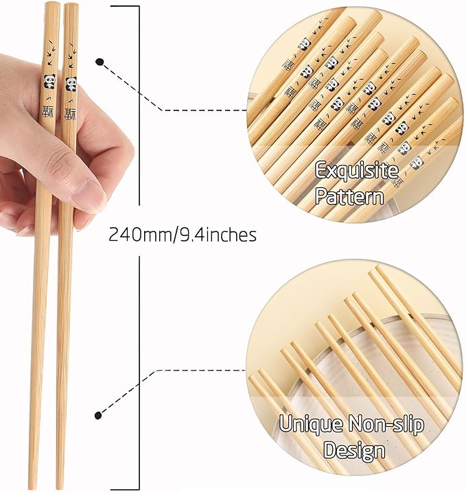 200 Pairs Bamboo Chopsticks - Reusable, Wooden, Disposable, Dishwasher Safe Bulk, 9.4 Inches with Chinese & Japanese Styles,Panda