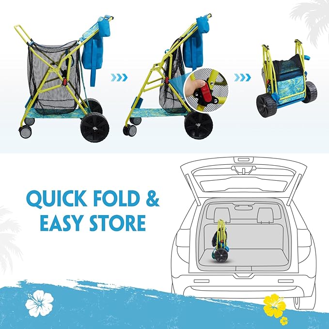 Beach Cart with Big Wheels for Sand, Collapsible All-Terrain Beach Wagon with Cooler Bag & Umbrella Holder, Large Mesh Storage, Supports 100lbs for Camping, Outdoor, Shopping, Palm Print