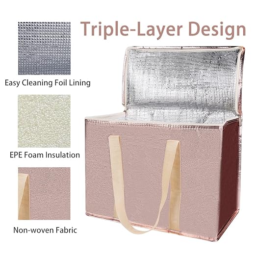 Bodaon 5-Pack Cooler Insulated Food Delivery Bag, Thermal Hot Pizza，X-Large Bags With Top Zippered for Grocery/DoorDash/Catering/Shopping, Large Cold and Frozen Door Dash Accessories, XL Tote, Gold